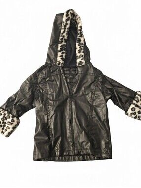 Renee Raquel 2T Girls Faux Leather Jacket Hooded Leopard Faux Fur Trim Black